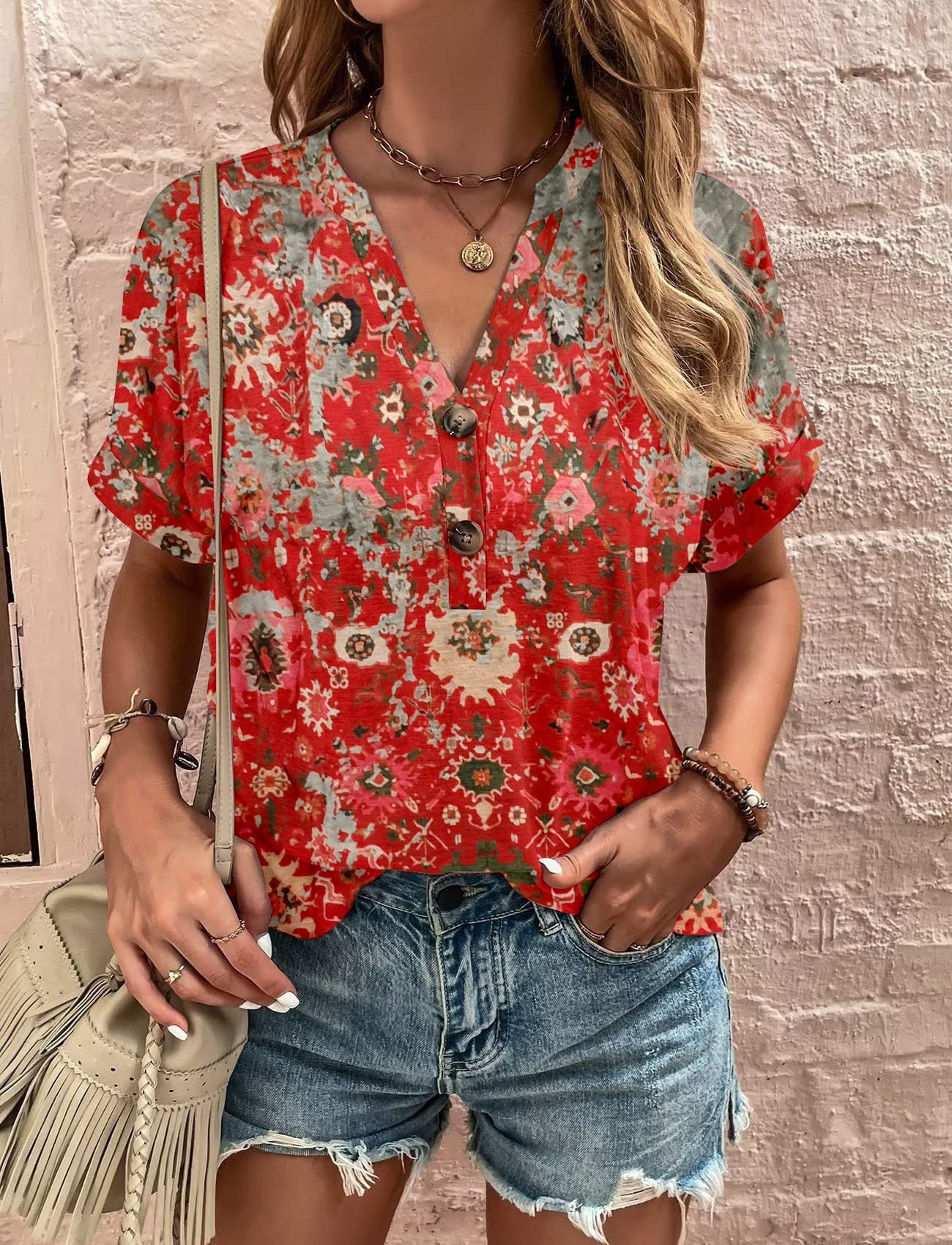 Unique Women's Printed Button Fashion Sleeve Shorts