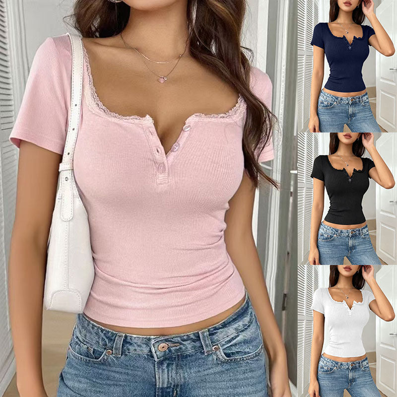 Women's Button Lace Slim Fit Fashion Wear Women's T-shirt