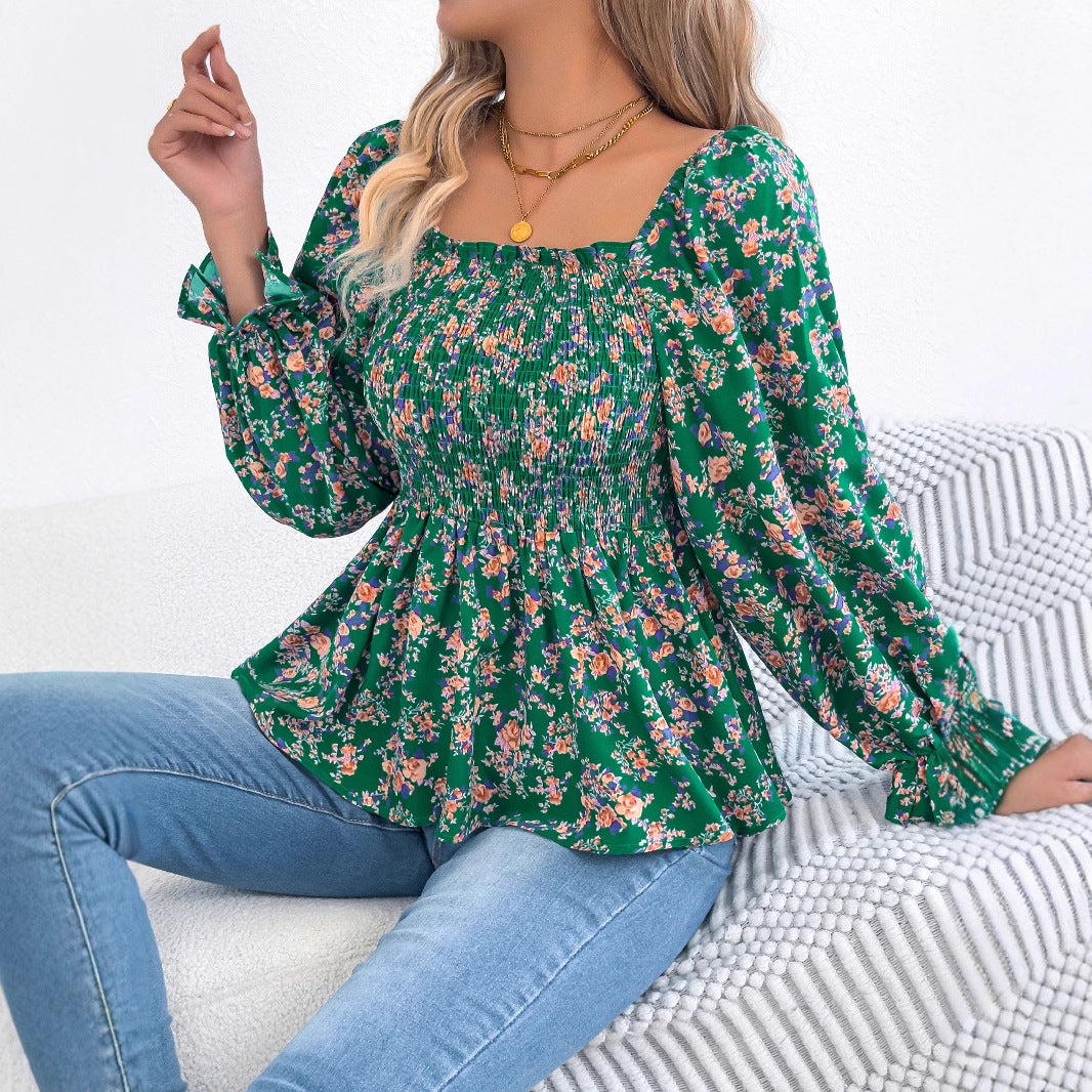 Women's Casual Square Collar Bell Sleeve Floral Blouses
