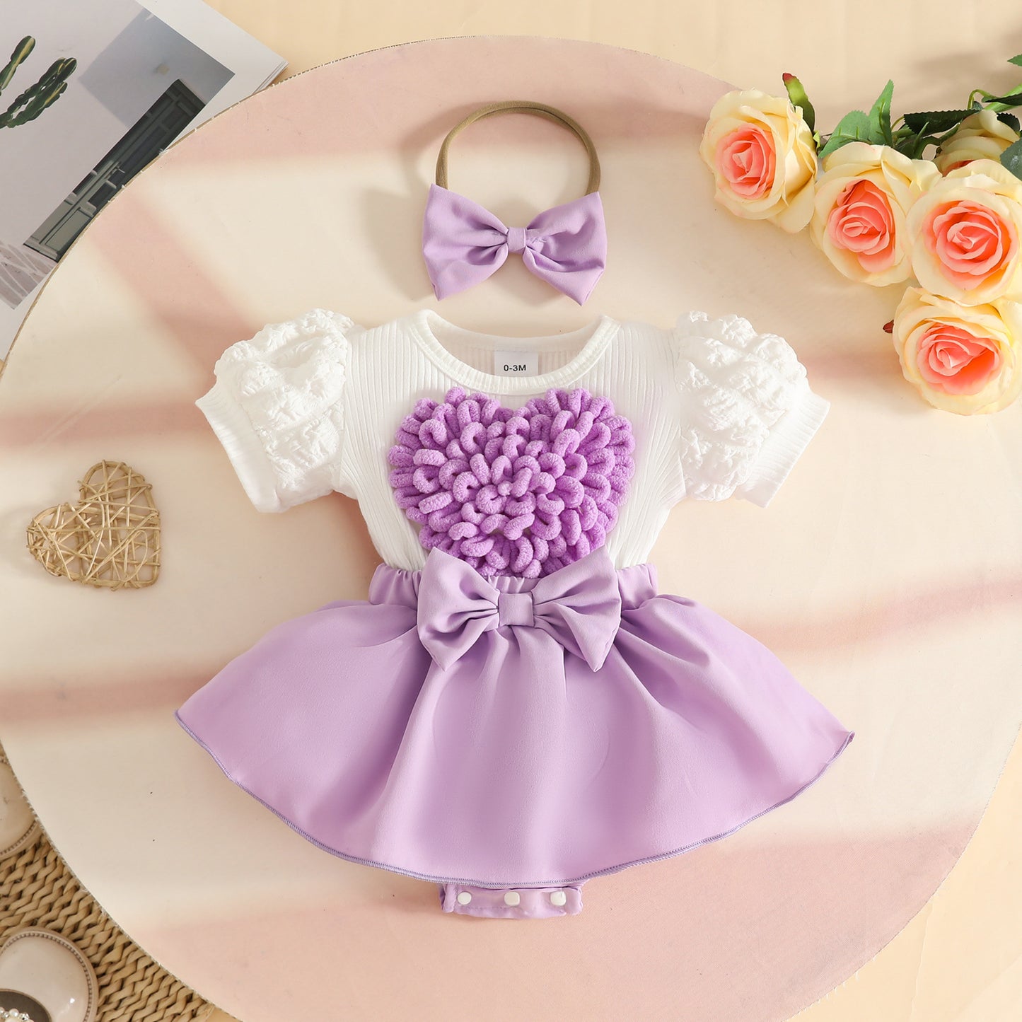 Sweet Three-dimensional Love Puff Sleeve Short-sleeved Summer Bow Jumpsuit With Children's Dress
