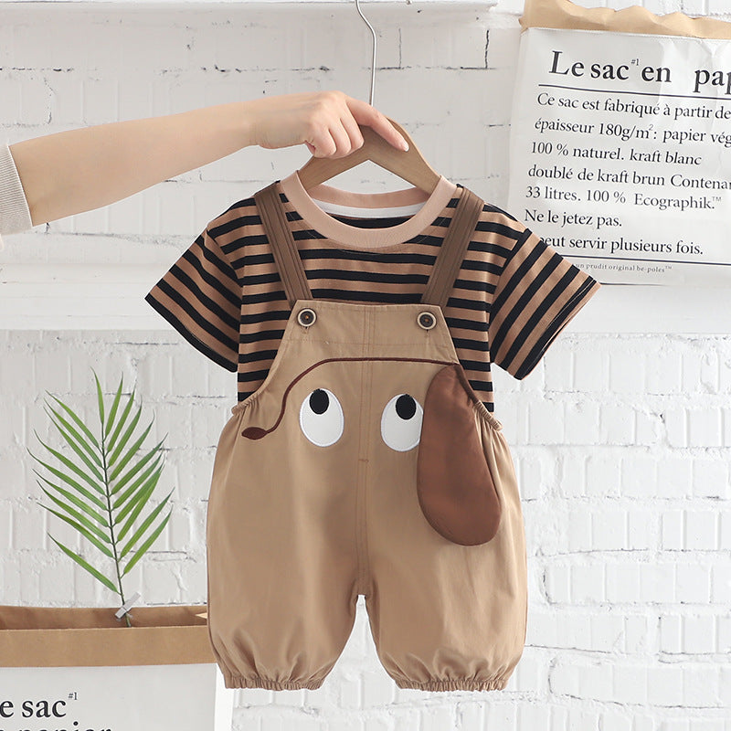 Set Korean Cartoon Striped Overall Short-sleeved Shorts Children's Suit
