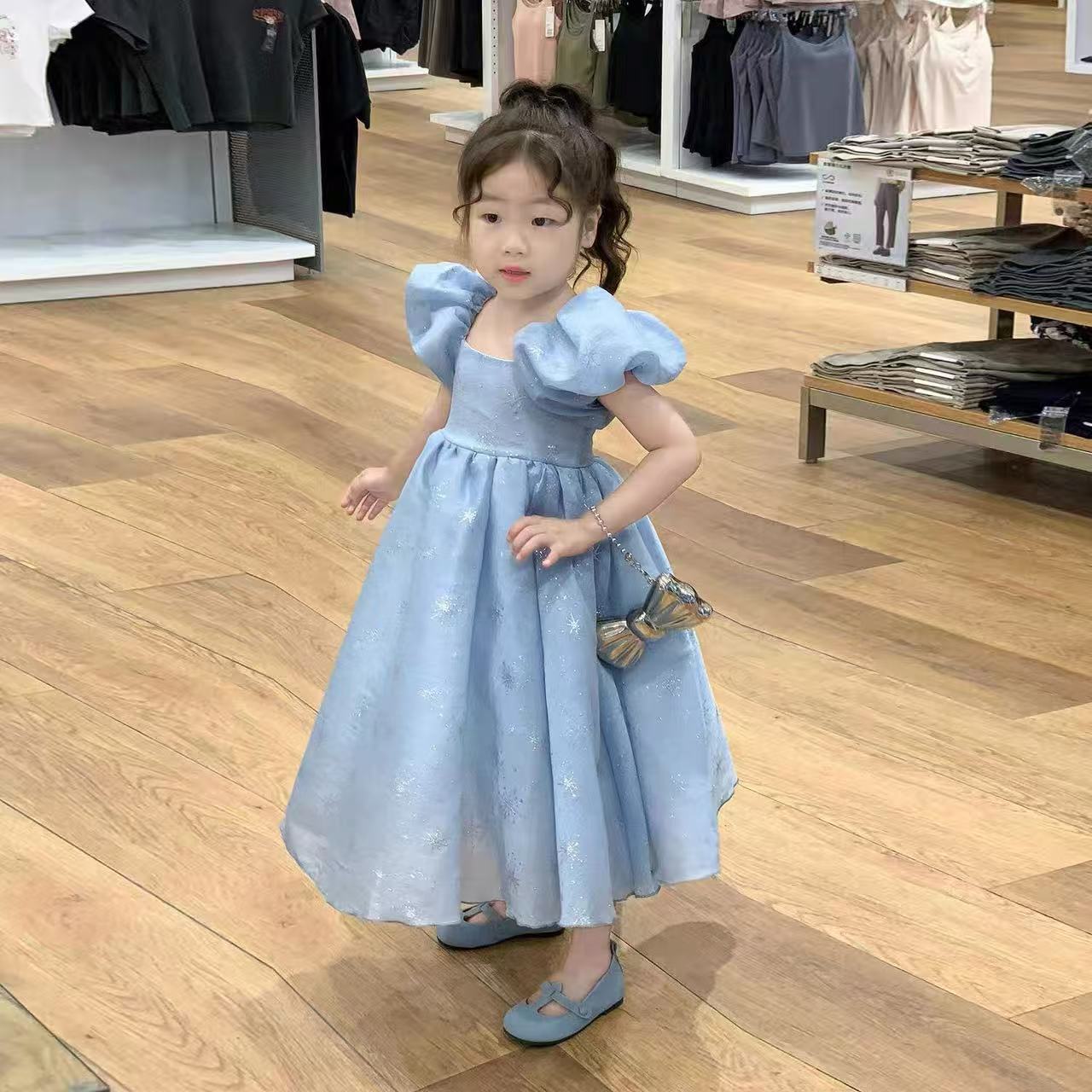 Polka Dot Pearlescent Yarn Little Puff Sleeve Children's Dress
