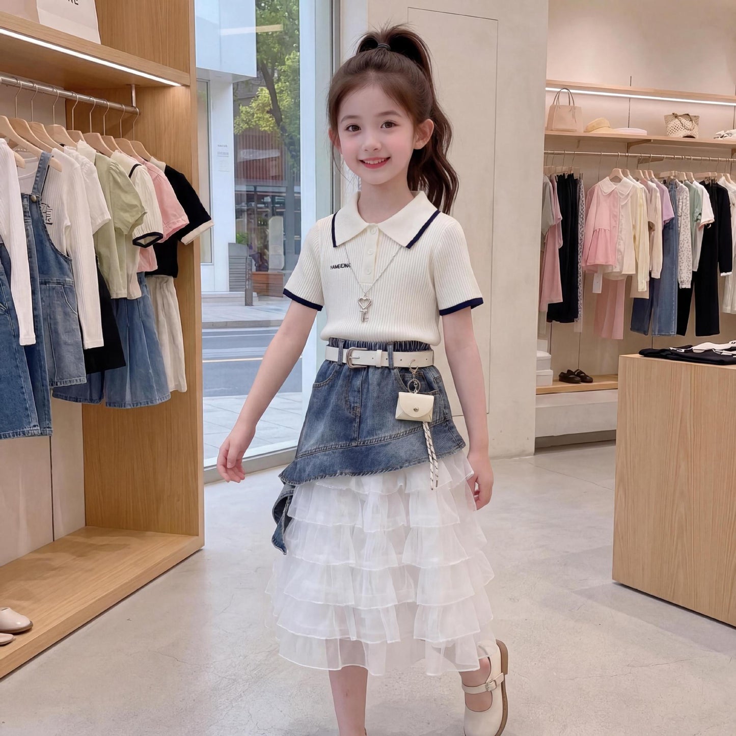 Sleeve Oblique Denim Skirt Two-piece Fashion Children's Suit
