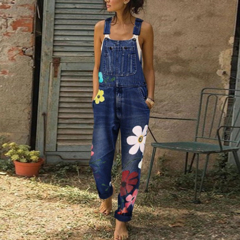 Women's Washed Cotton Polyester Printed Straight Bib Women's Jeans