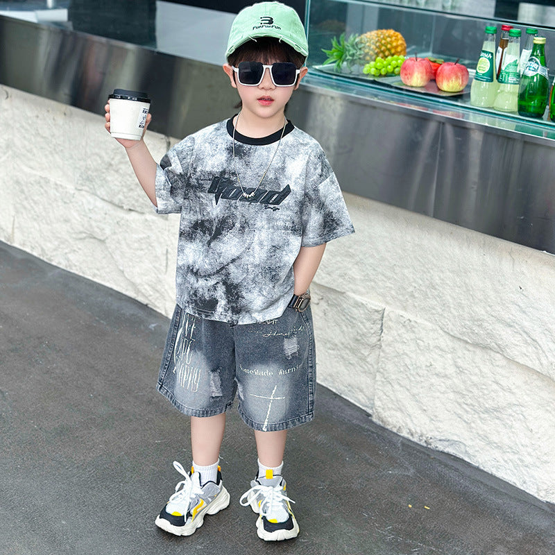 Children's Boy Summer Clothing Short-sleeved Thin Letter T-shirt Two-piece Children's Suit