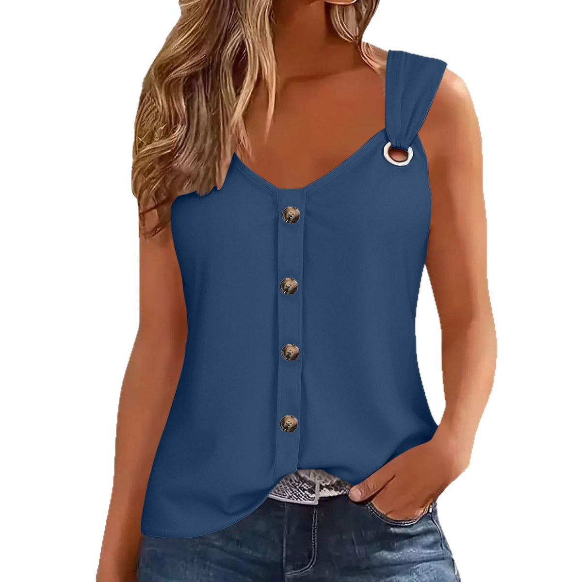 Women's Sling Button Solid Color Fashion T-shirt Vests