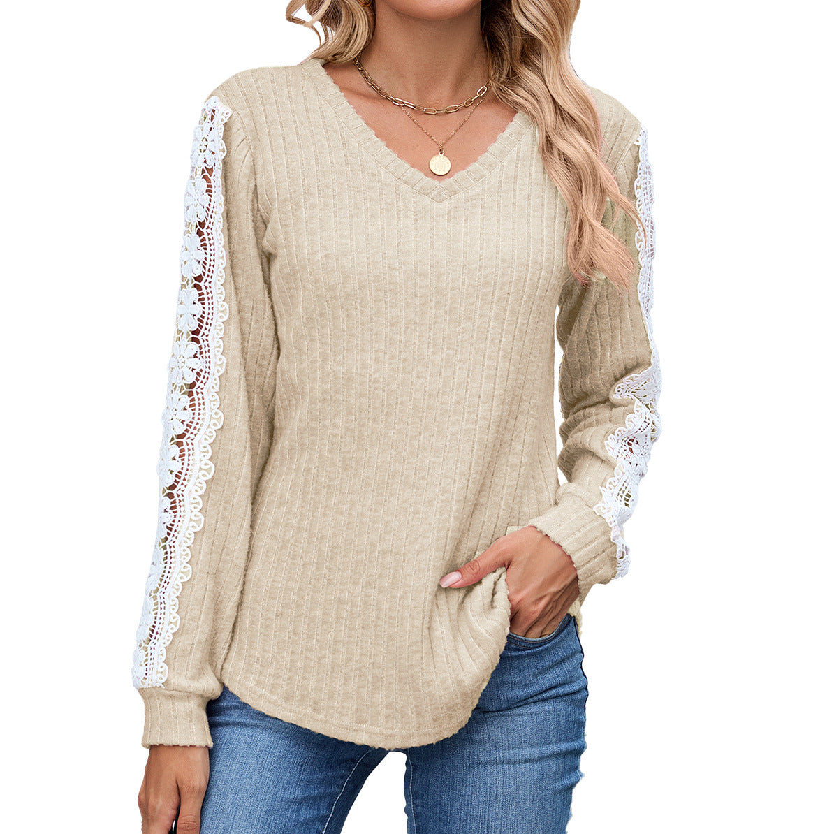 Women's Loose Long Sleeve Lace In Contrast Women's T-shirt