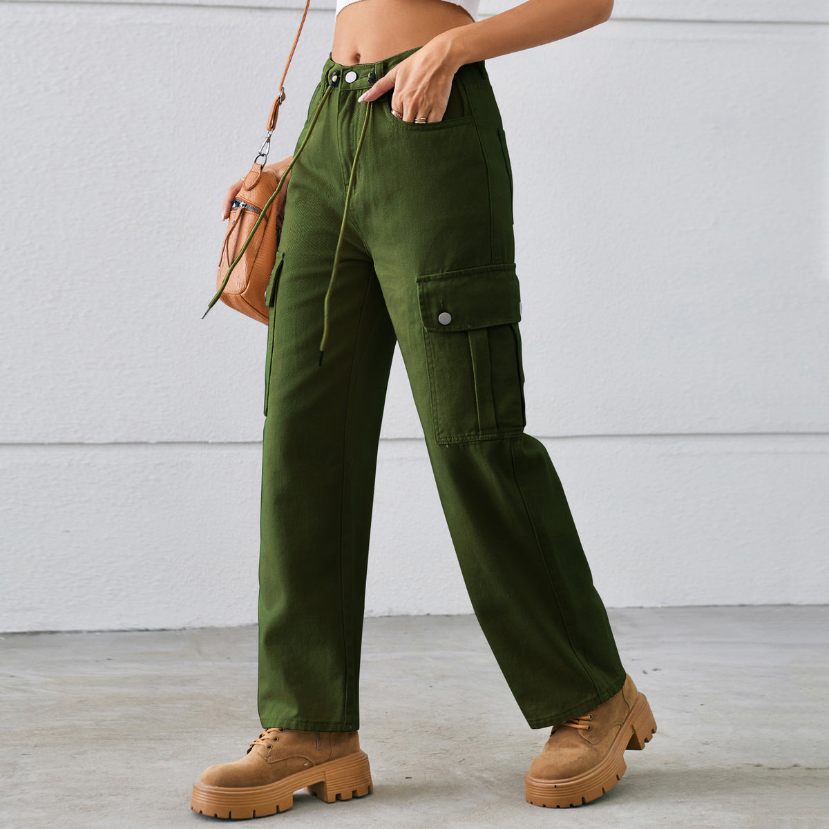 Women's Denim Drawstring Adjustable Washed Cargo Trousers Casual Pants