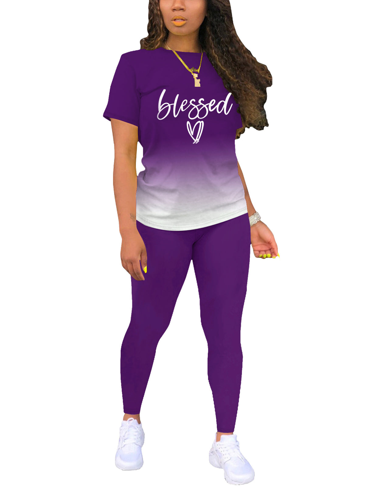 Women's Solid Color Gradient Printing Round Neck Sleeve T-shirt Fashion Casual Suit