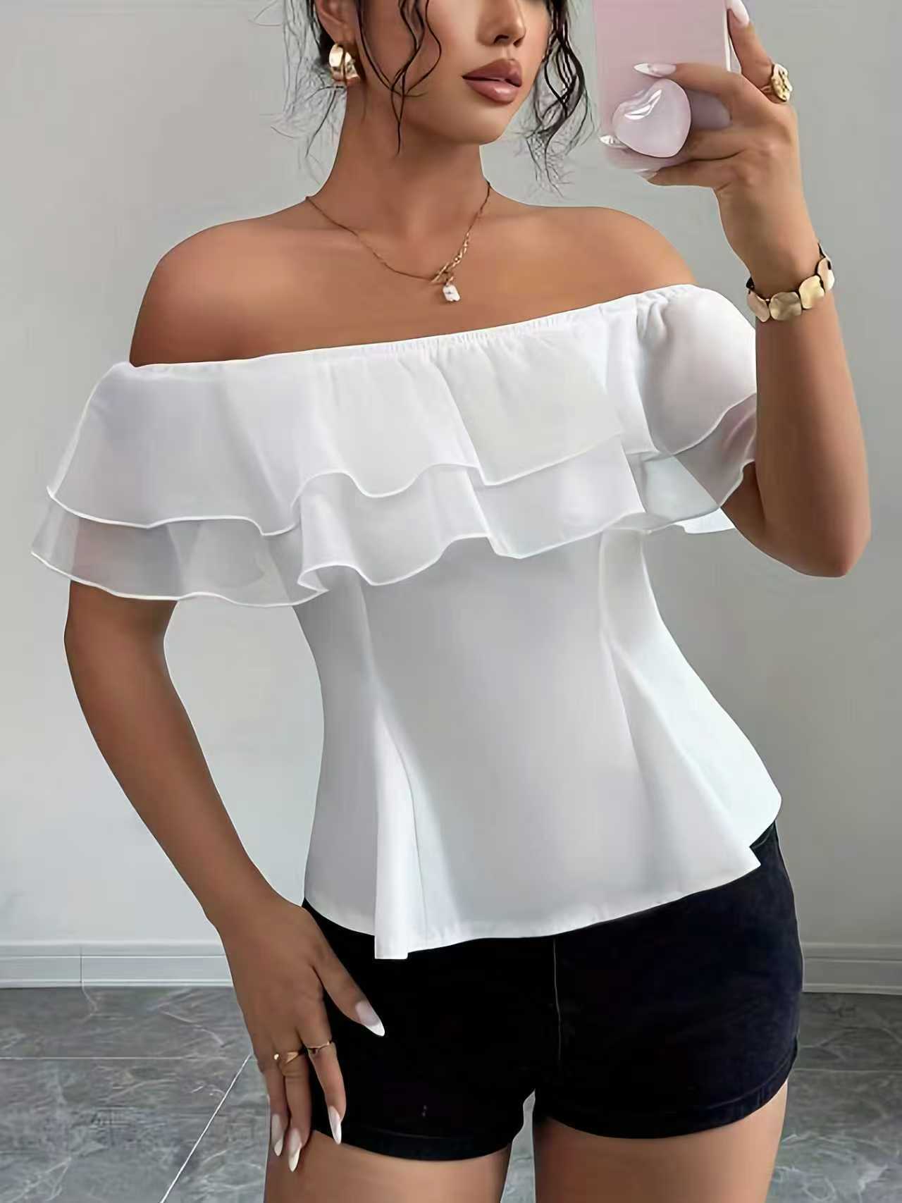 Summer Fashion Elegant Ruffled Sexy Strapless Lace Shirt, Chiffon Shirt