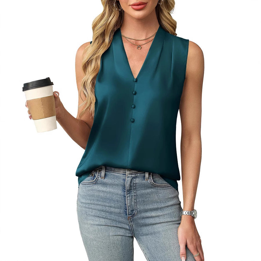 Casual Women's Graceful Satin Button Sleeveless Lace Shirt, Chiffon Shirt