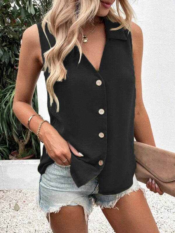 Women's Summer Solid Color Loose Sleeveless Button Clothing