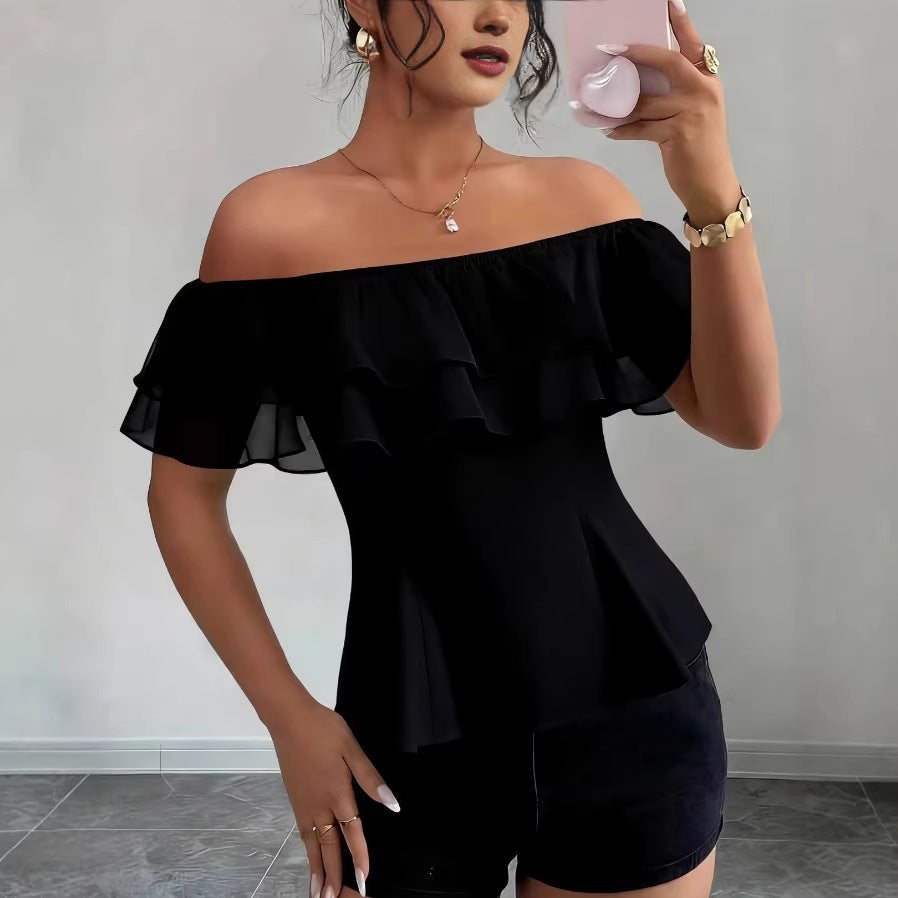 Summer Fashion Elegant Ruffled Sexy Strapless Lace Shirt, Chiffon Shirt