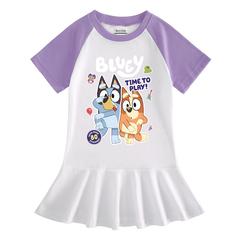 Children's Clothing Cartoon Half Sleeve Contrast Color Fashionable Pleated Children's Dress