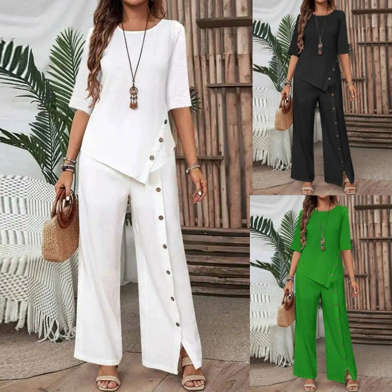 Women's Irregular Hem Trousers Button Half Sleeve Suits