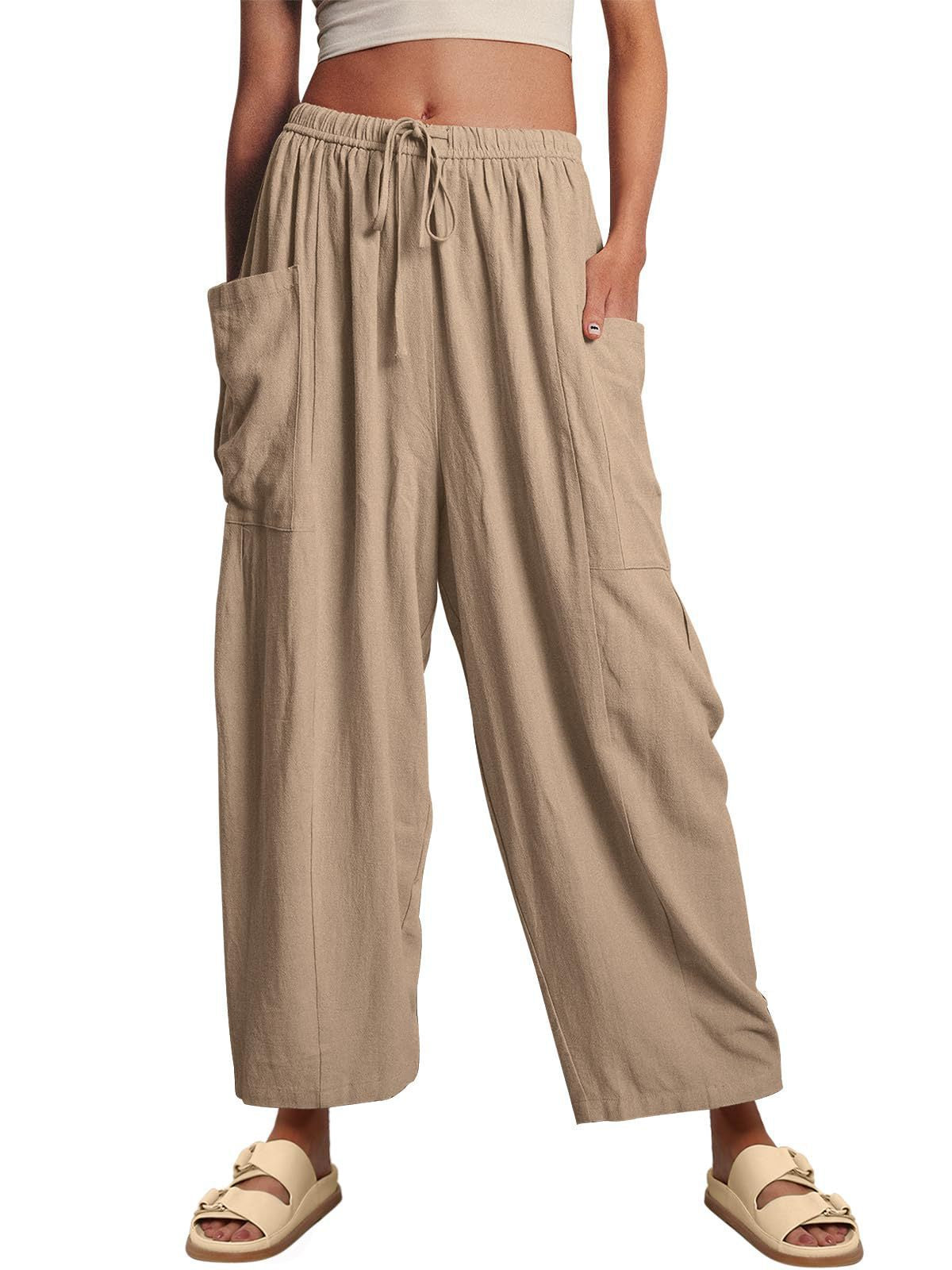 Women's Stripes Elastic Waist Cropped Pleated Breathable Casual Pants