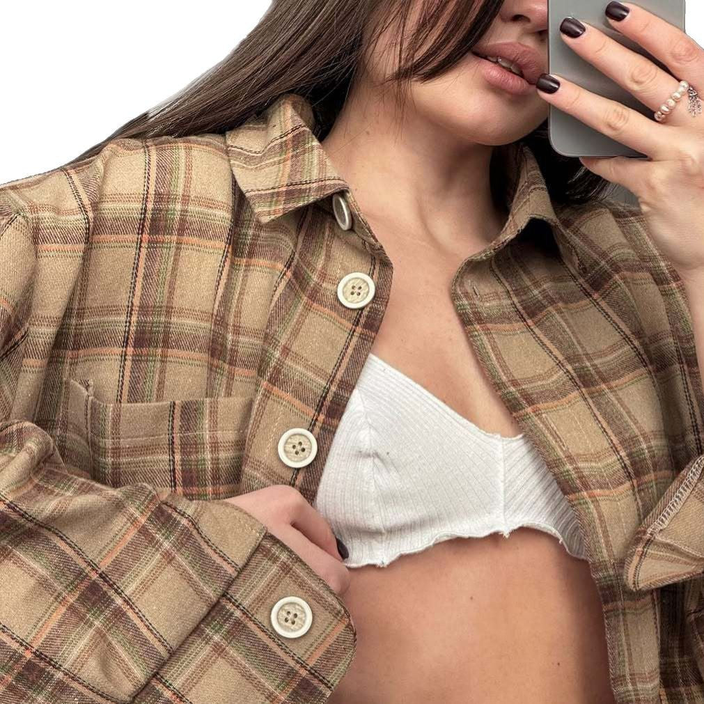 Lazy Design Niche Loose Plaid Long Sleeve Blouse