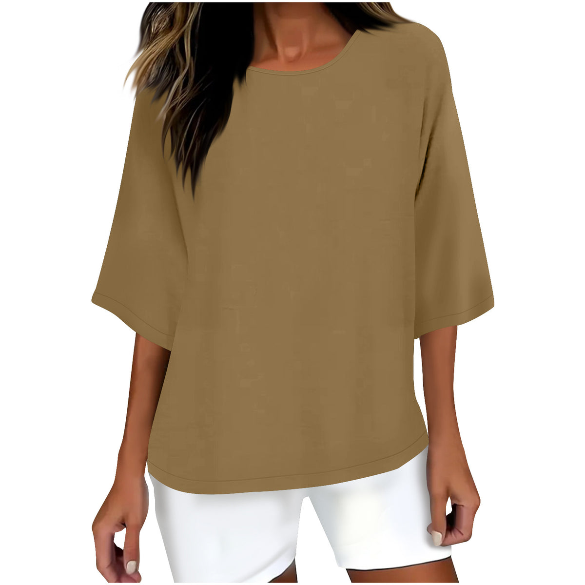 Women's Three-quarter Sleeve Round Neck Cotton Linen Blouse