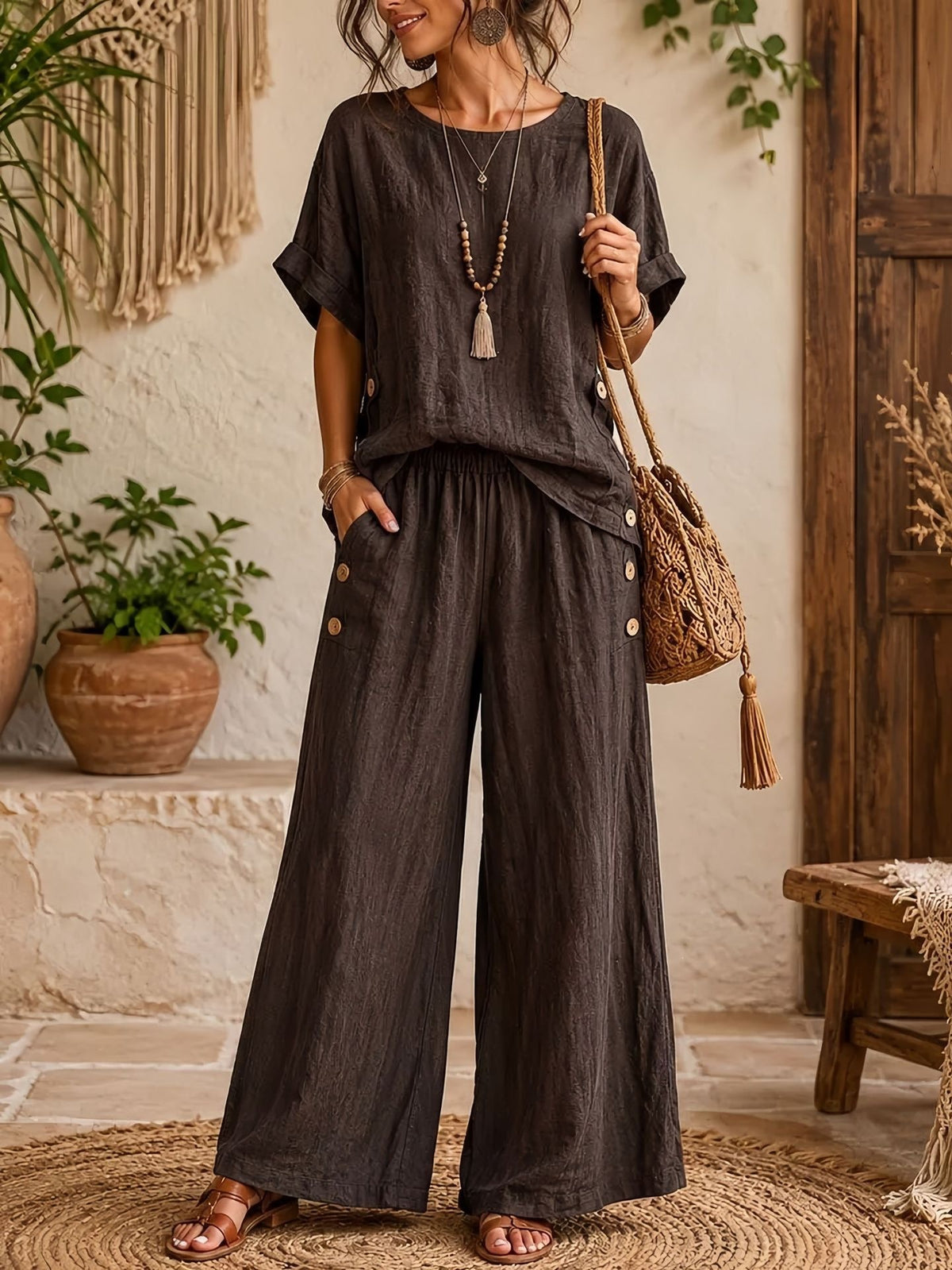 Women's Linen Round Neck Sleeve High Waist Loose Wide Leg Fashion Casual Suit