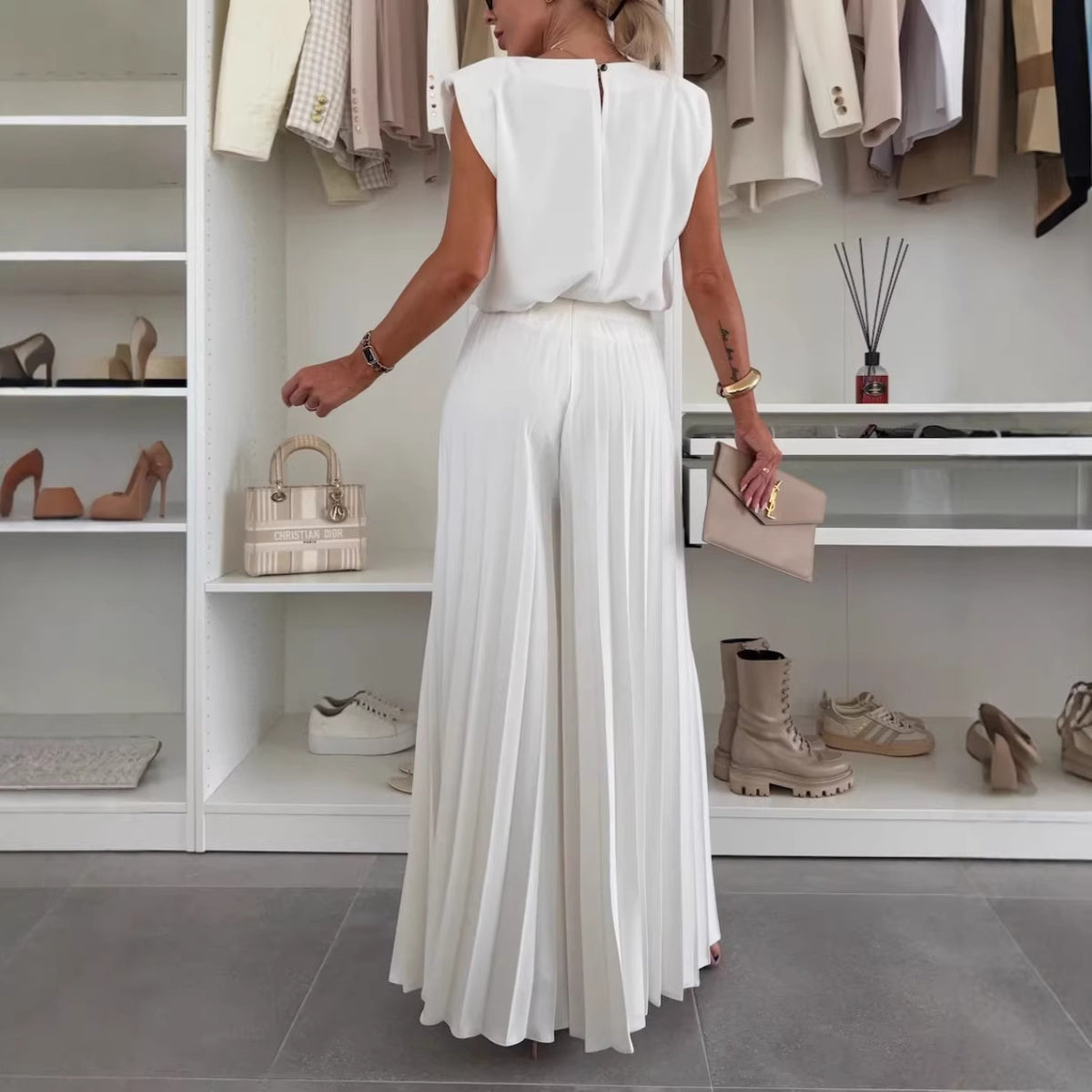 Women's Round Neck Sleeveless Wide Leg Two-piece Fashion Casual Suit