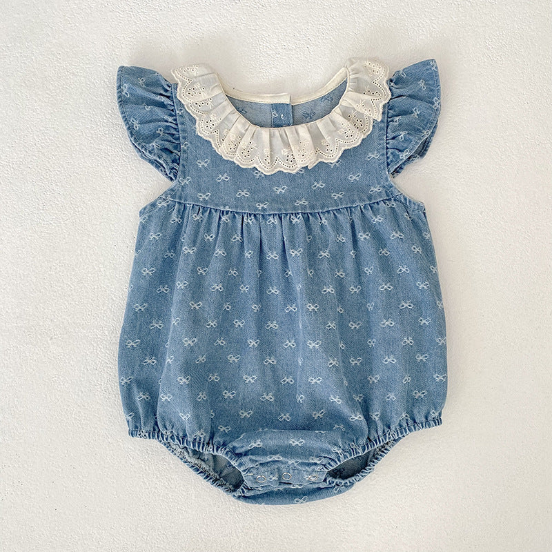 Summer Denim Bow Print Vest Crawling Suit Children's Dress