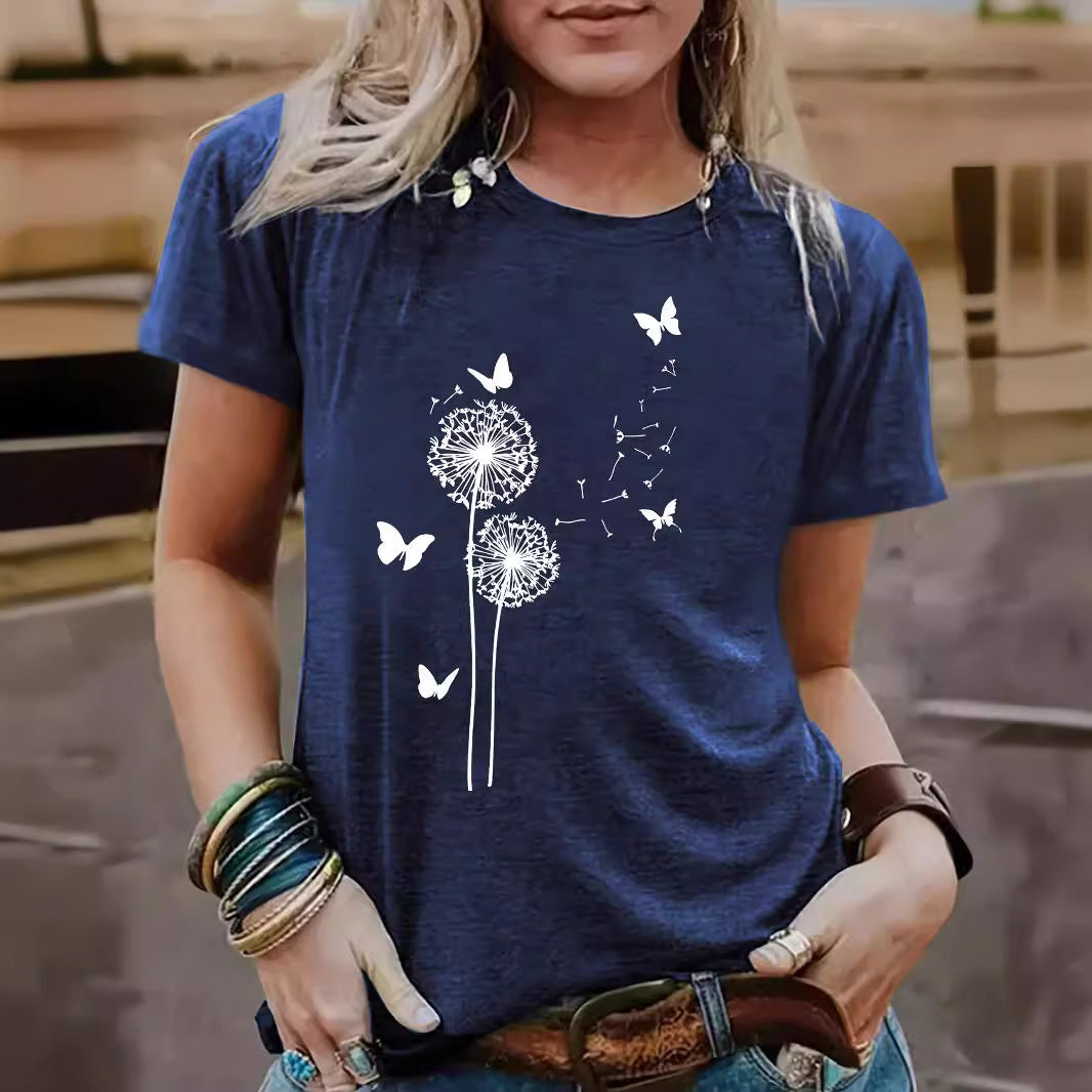 Women's Dandelion Pattern Round Neck Sleeve Casual Shorts