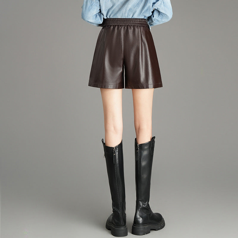 Women's Color Leather High Waist Outer Wear Casual Pants