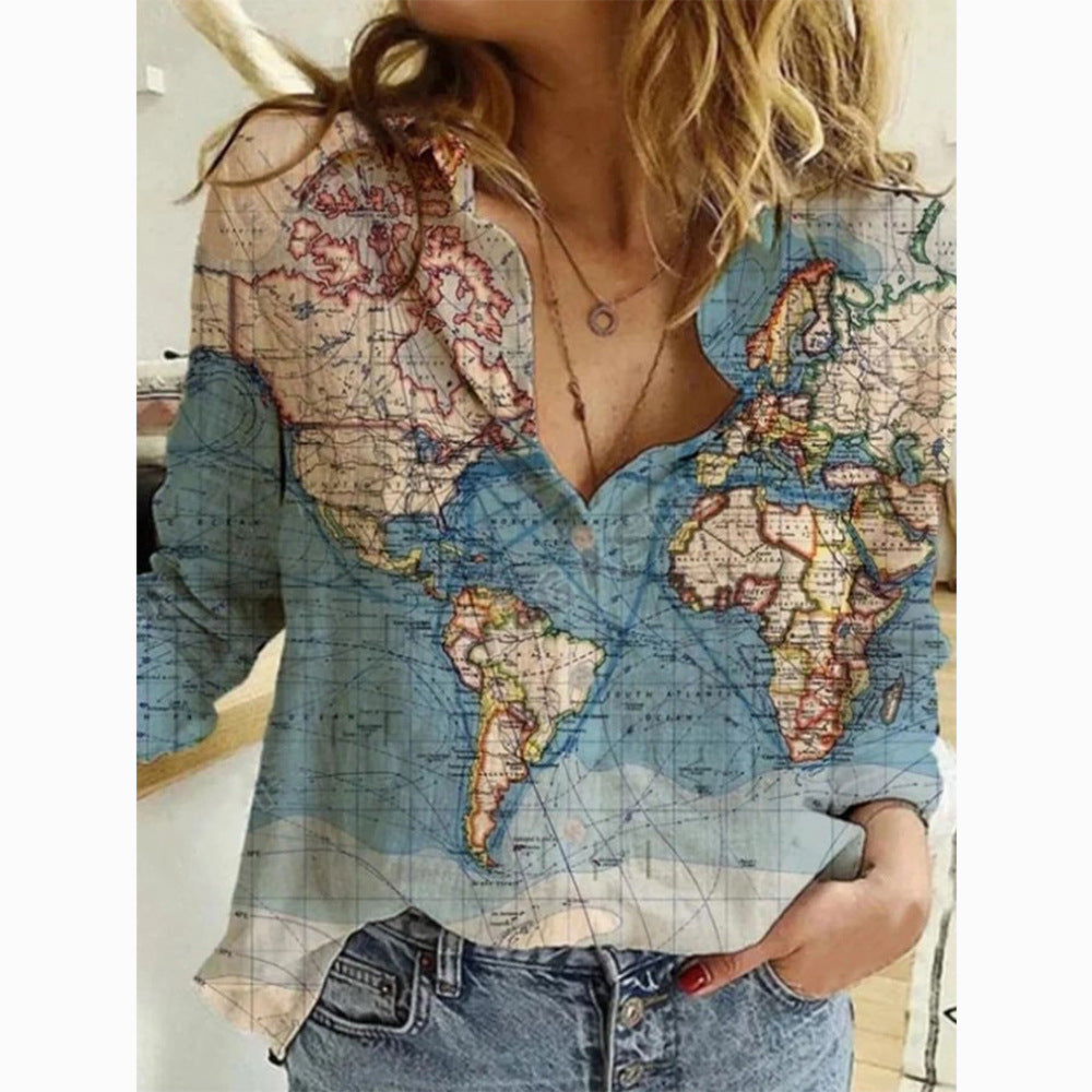 Women's Shirt Map Depicting Printed Long-sleeved Blouse