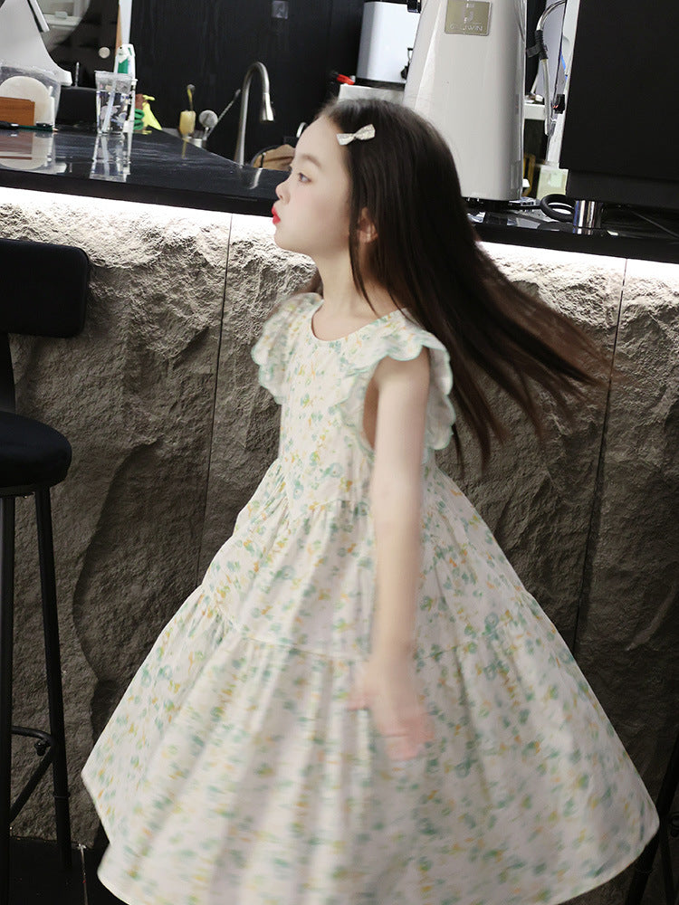 Children's Summer Princess Floral Cotton Flounced Sleeve Children's Dress
