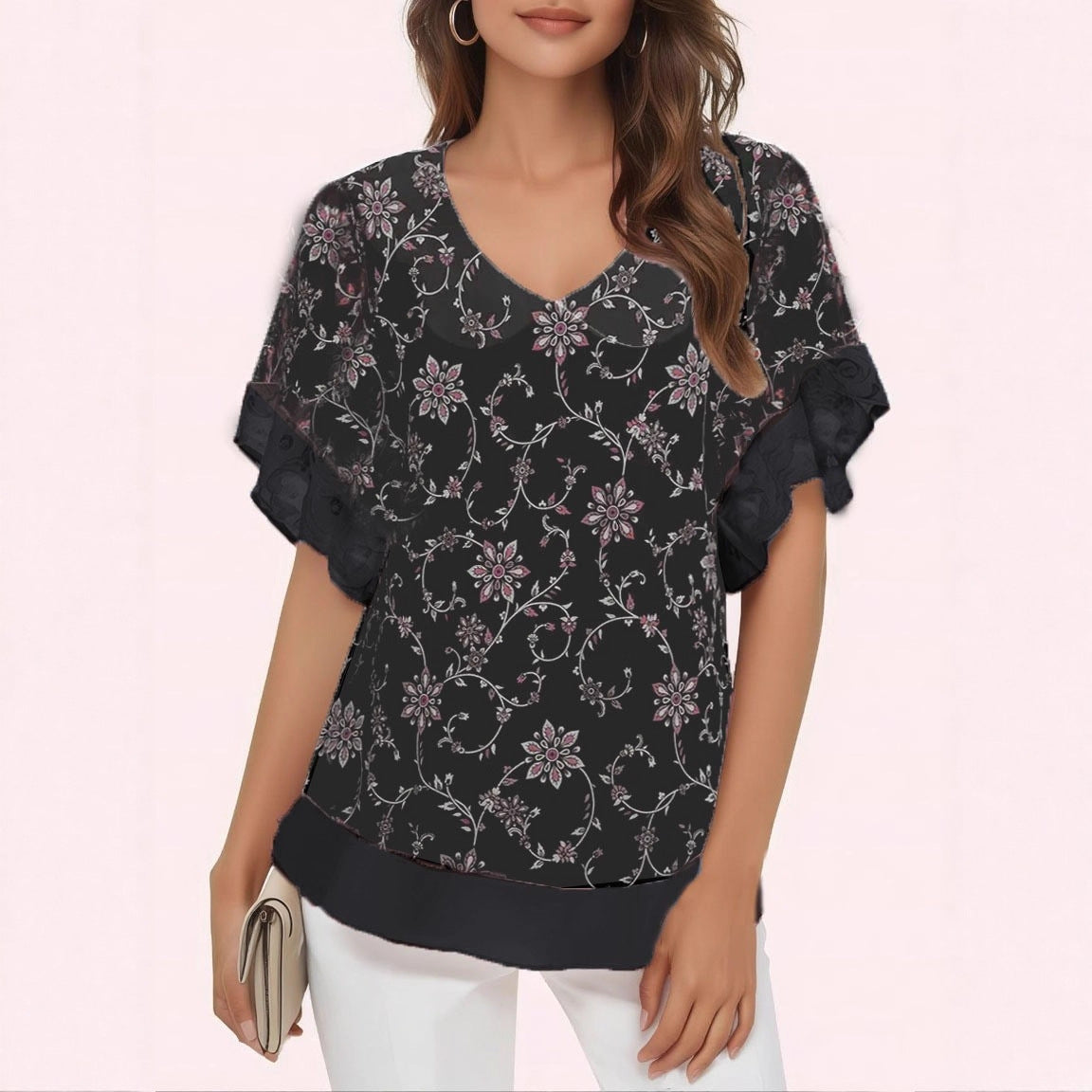 Women's Stringy Seedge Round Neck Printed Short-sleeved Lace Shirt, Chiffon Shirt