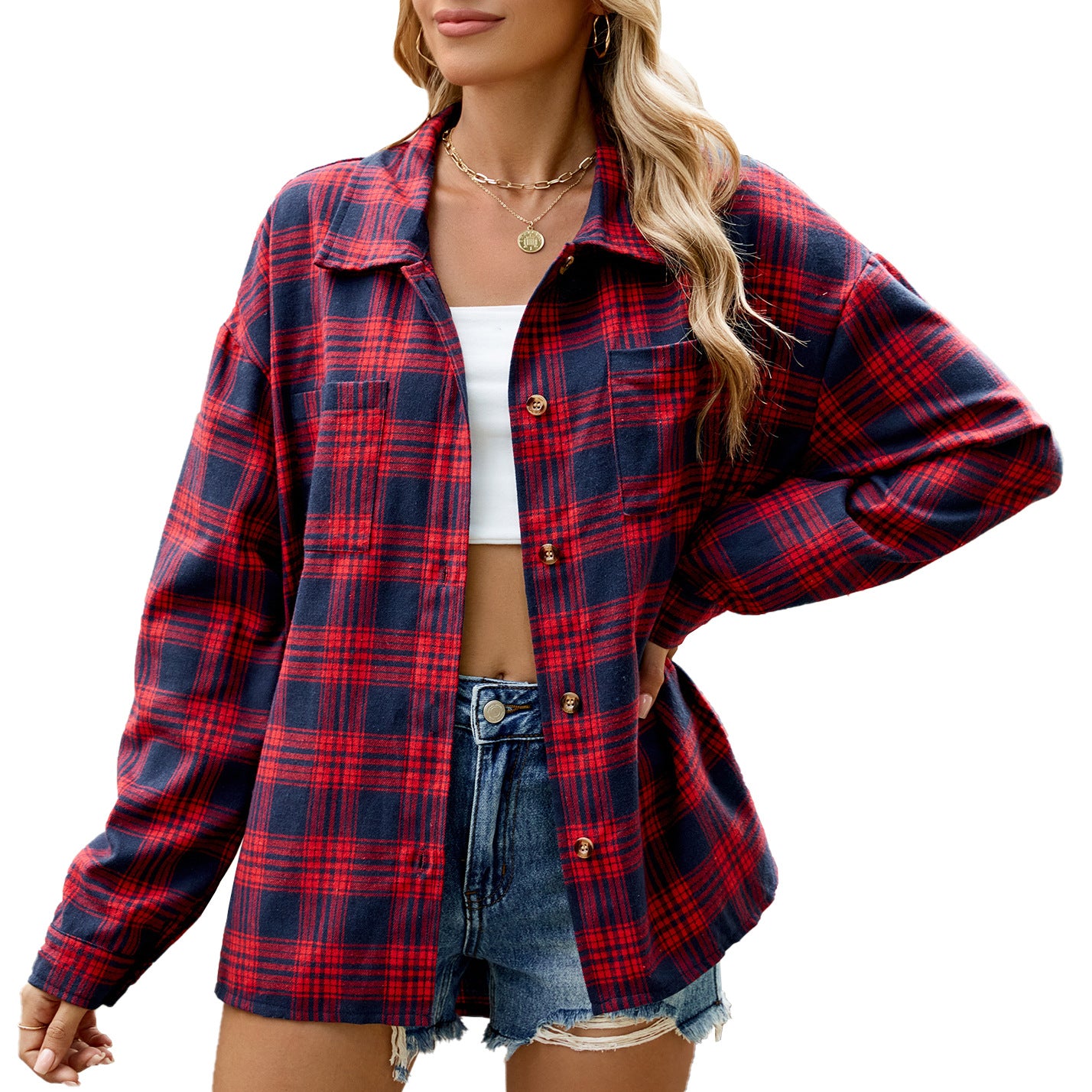 Women's Lapel Long Sleeve Pocket Button Plaid Shirt Tops
