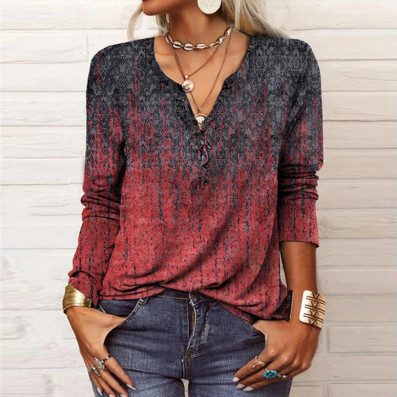 Popular Women's Long-sleeved Printed Ethnic Fashion Women's T-shirt