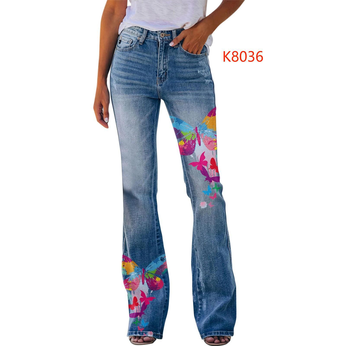 Women's Large Casual Imitation Denim Bell-bottom Floral Pants