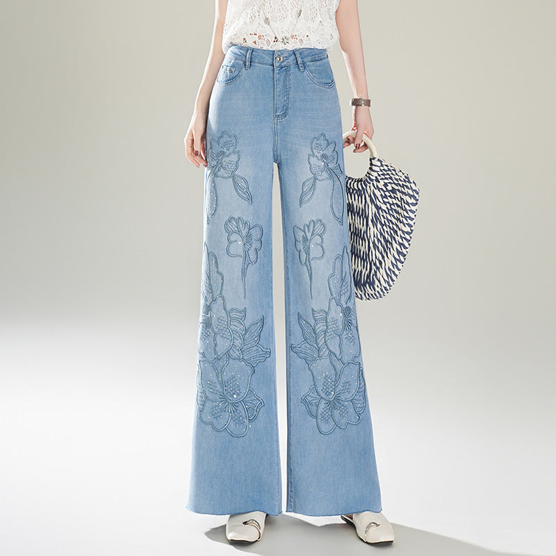 Embroidered Hot Fix Rhinestone Personalized Lengthened Mop Casual Pants