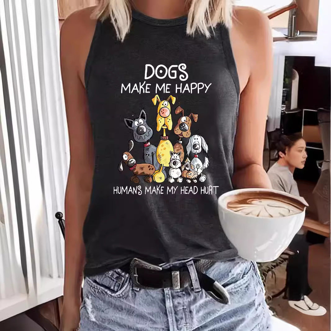 Women's Cartoon Dog Printed Round Neck Casual Women's T-shirt