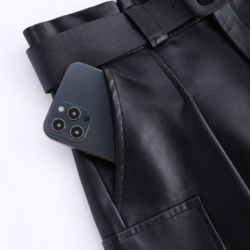 Women's Leather Korean High Waist A- Line Pants
