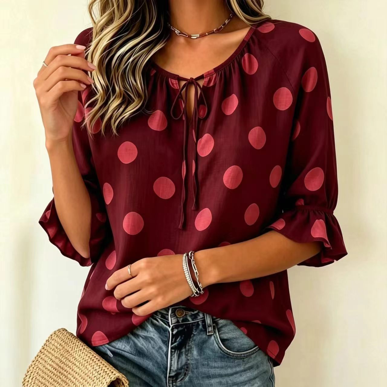 Women's Summer Printed Polka Dot Round Neck Tied Tops