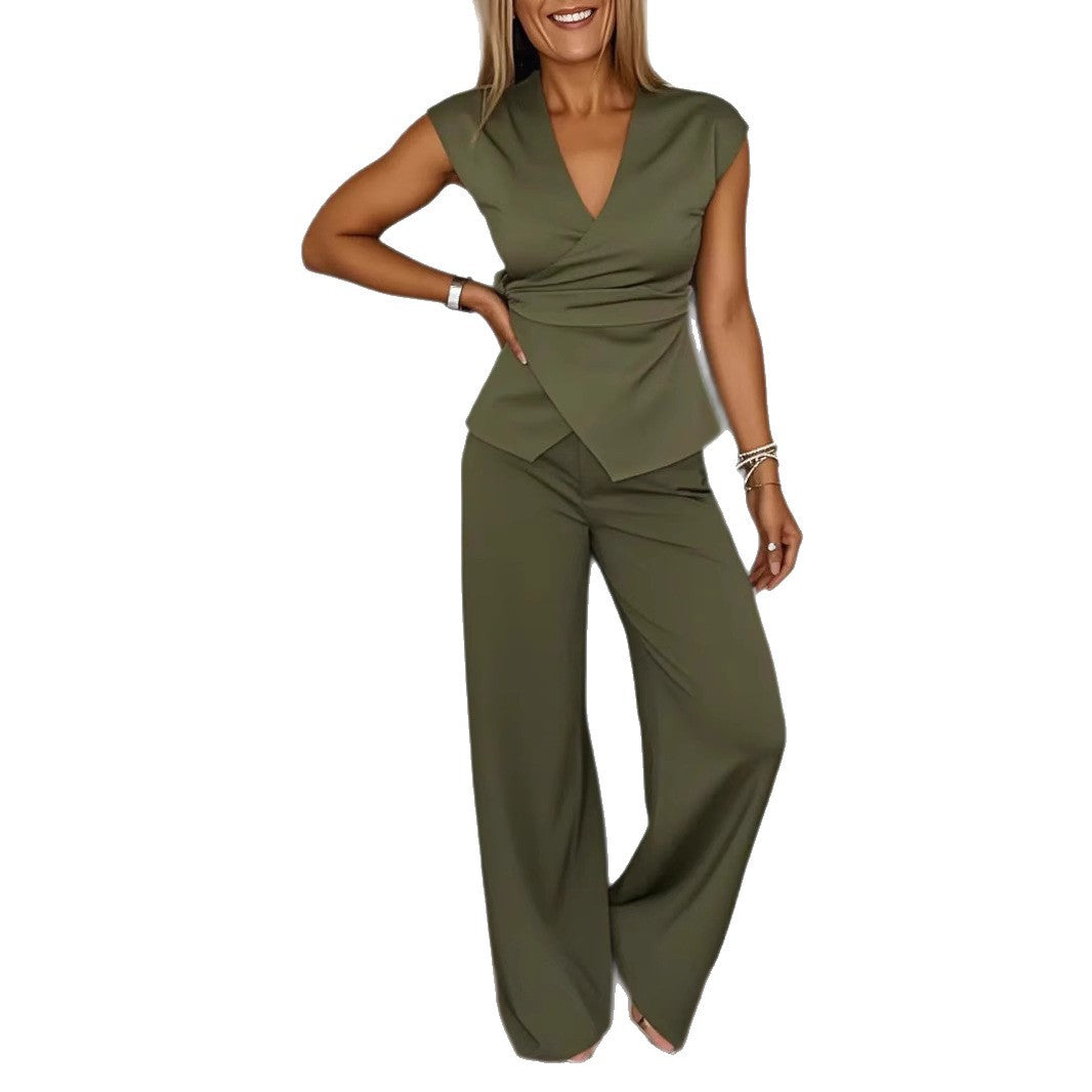 Women's Solid Color Pleated Sleeves Trousers With Metal Fashion Casual Suit