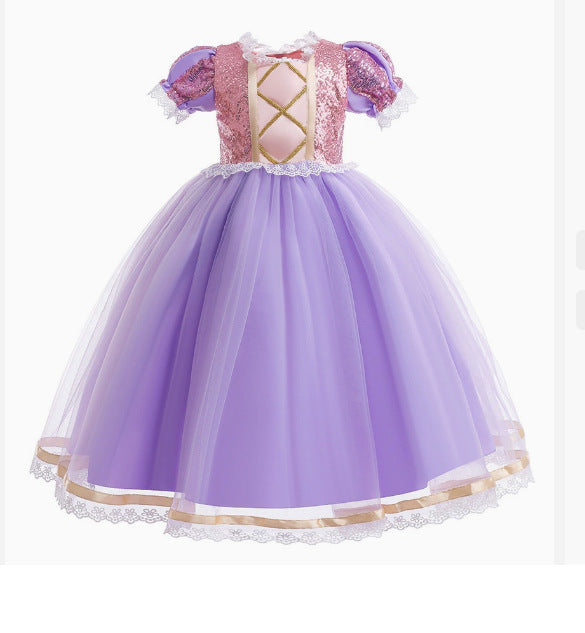 Children's Long Hair Princess Golden Big Bow Children's Dress