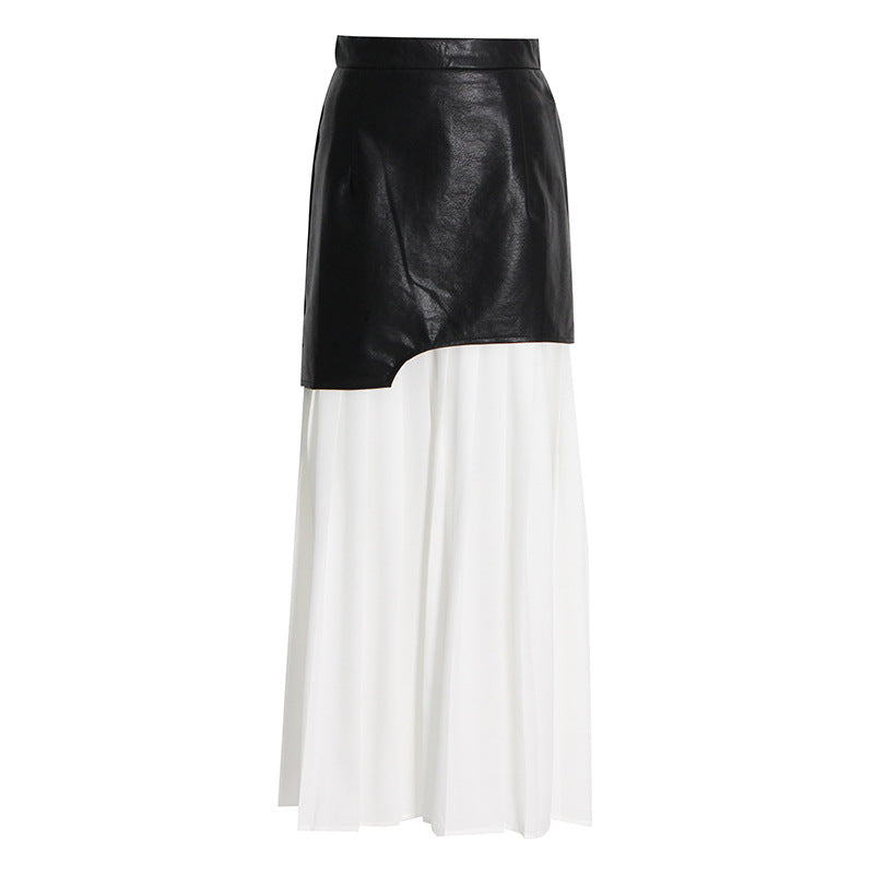 Women's Korean Style Leather Stitching Contrast Colors Skirts