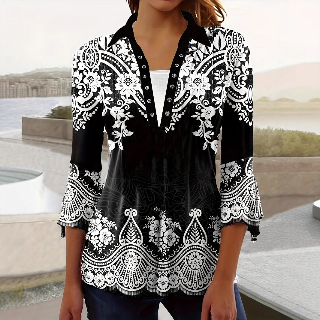 Autumn Print Polo Collar Irregular Sleeve Women's T-shirt