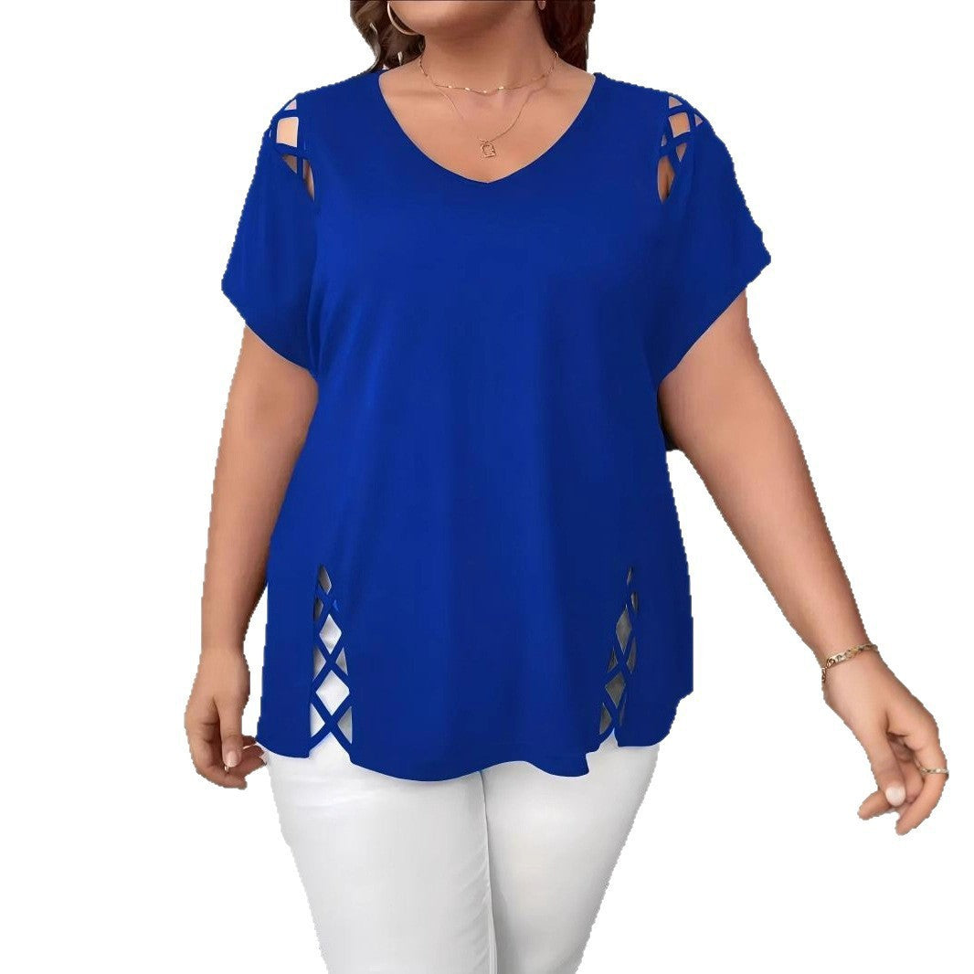 Women's Summer Casual Short-sleeved Shoulder Side Cross Large Size T-shirt