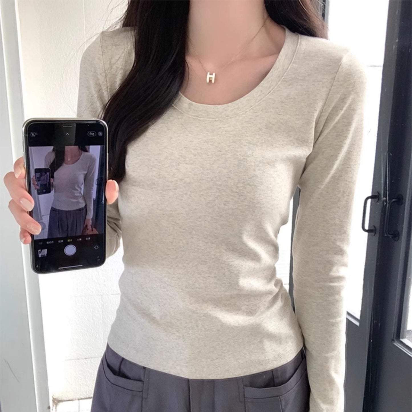 Women's Slim Fit Slimming Inner Basic Style Collar Solid Color Bottoming Women's T-shirt