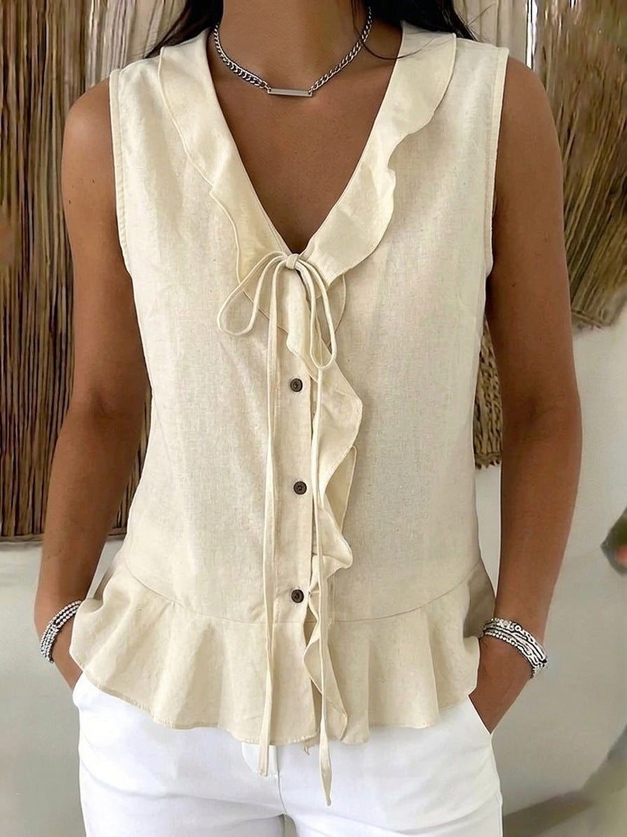 Women's Collar Ruffled Tied Sleeveless Hem Ruffles Women's T-shirt