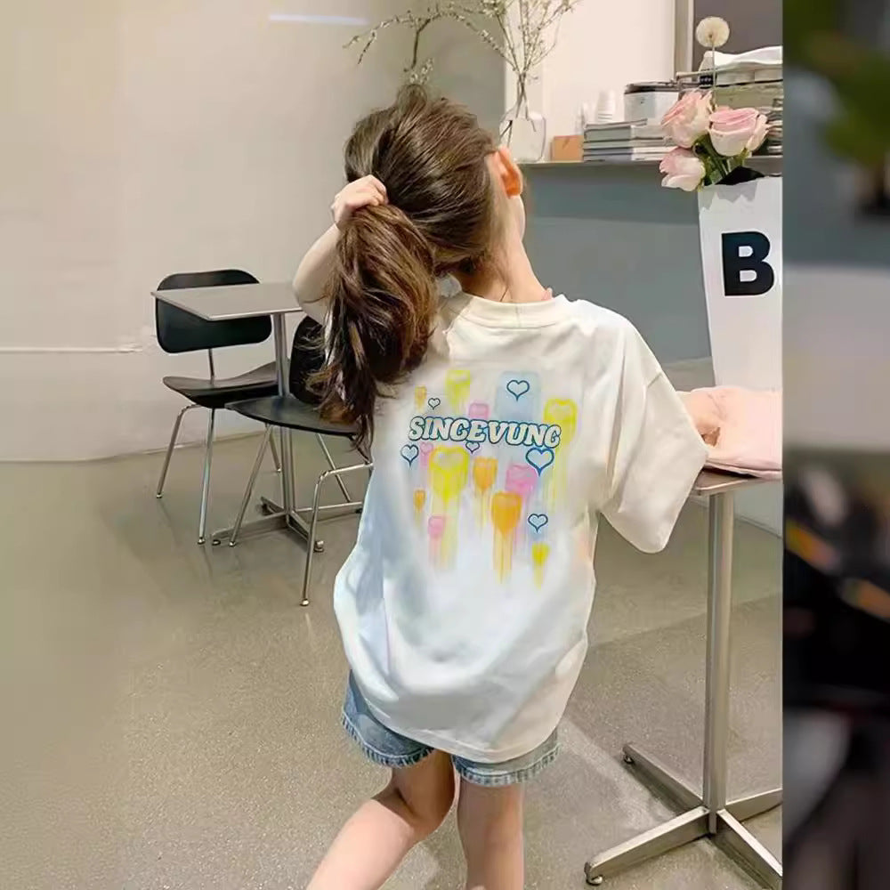 Children's Clothing Summer Boys Love Cool Luminous Short Sleeve Cotton T-shirt Parent-child Outfit