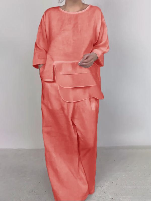 Neck Satin Layered Design Wide Leg Blouses