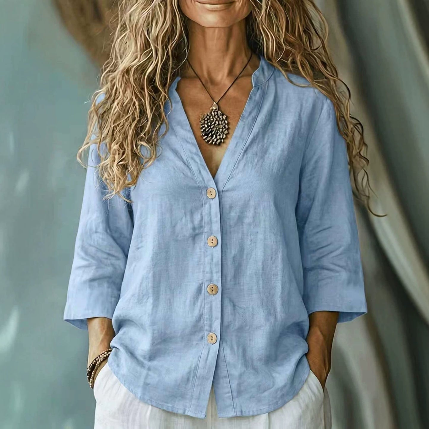Women's Autumn Casual Loose Collar Button Linen Blouse