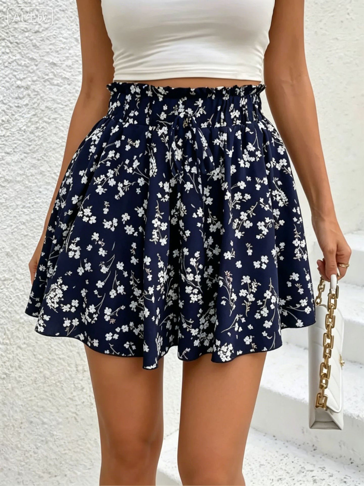 Women's High Waist A- Line Printed Lace Up Casual Slimming Skirt