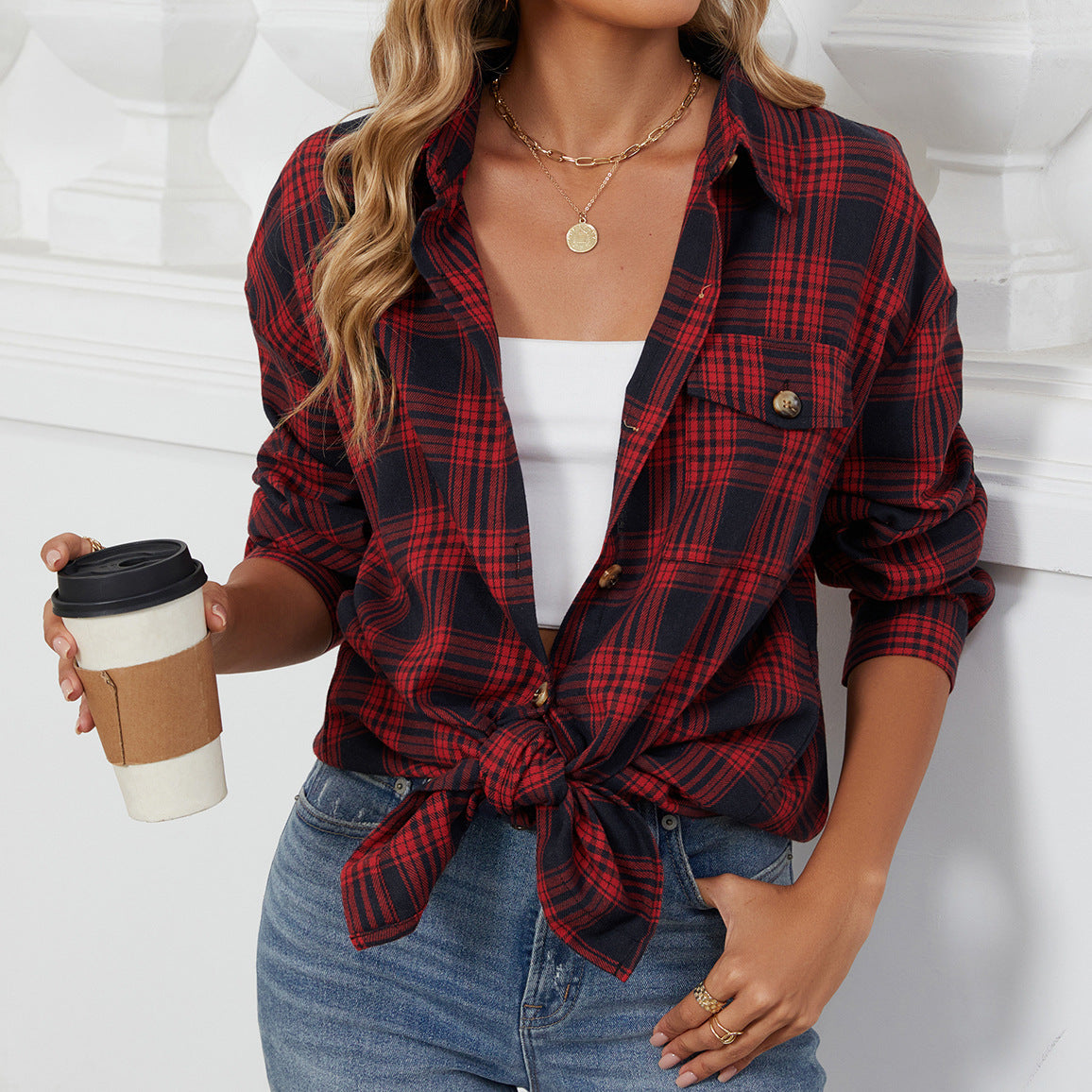Style Plaid Shirt Brushed Long Sleeve Blouse