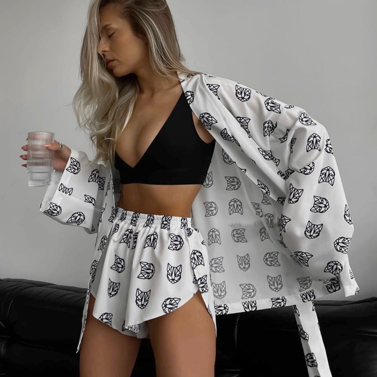 Women's Printed Wear Lace Up Long Sleeve Pajamas Fashion Casual Suit